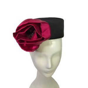 Freda Stanfield Original Formal Black Satin Hat with Large Red Flower Rhinestone